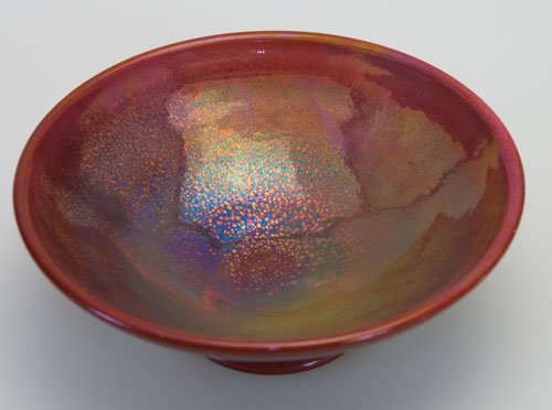Pilkington Royal Lancastrian high fired art pottery iridescent red tazza bowl
